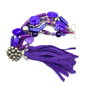 Purple Passion Bracelet - Vintage Button, Resin, Sterling & Leather Tassel