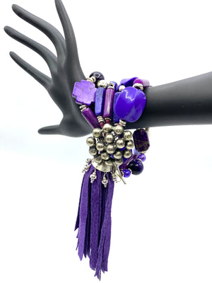 Purple Passion Bracelet - Vintage Button, Resin, Sterling & Leather Tassel