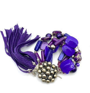 Purple Passion Bracelet - Vintage Button, Resin, Sterling & Leather Tassel