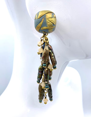 Peacock Dangles - Pearl, Swarovski Crystal & Polymer Earrings