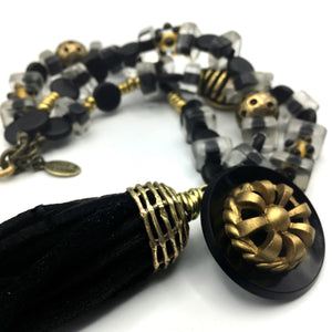 Deco Bracelet - Black and Gold Vintage Resin and Glass - Leather Tassel