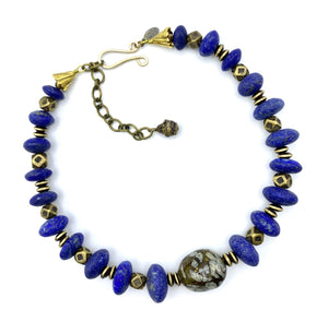 Easy Blues Collar - Lapis, Bronze, Brass and Glass Necklace