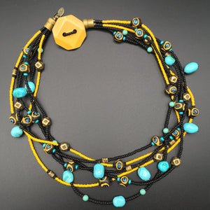 Tribal Sun Statement Necklace - Turquoise, African Brass, Bronze & Glass