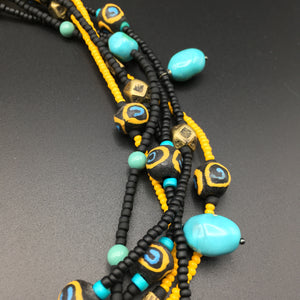 Tribal Sun Statement Necklace - Turquoise, African Brass, Bronze & Glass