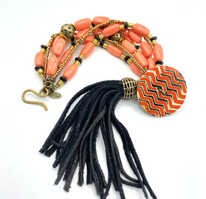 Coral Dream Bracelet - Black Leather Tassel