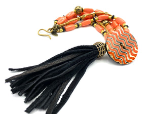 Coral Dream Bracelet - Black Leather Tassel