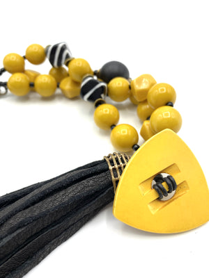 Yellow Jump Bracelet - Black Leather Tassel