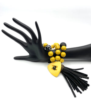 Yellow Jump Bracelet - Black Leather Tassel