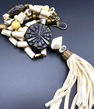 White Coral Dream Bracelet - Jade and Stone with a Leather Tassel