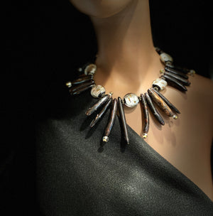 Black Coral Wave Necklace - Silver and Gold Highlights