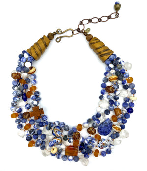 Five Strand Blue and Tan Necklace - Quartz Crystals, Glass, Carnelian, Sodalite