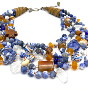 Five Strand Blue and Tan Necklace - Quartz Crystals, Glass, Carnelian, Sodalite