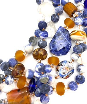 Five Strand Blue and Tan Necklace - Quartz Crystals, Glass, Carnelian, Sodalite