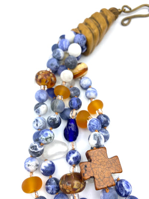 Five Strand Blue and Tan Necklace - Quartz Crystals, Glass, Carnelian, Sodalite