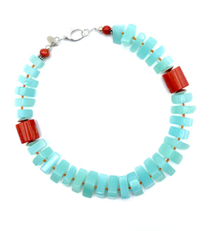 Glacier Necklace - Ice Blue Glass, Coral and Sterling Silver