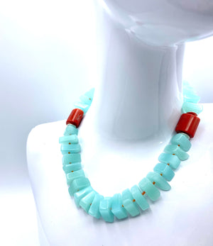 Glacier Necklace - Ice Blue Glass, Coral and Sterling Silver