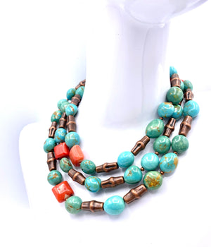 Southwestern Rope Necklace - Turquoise and Coral