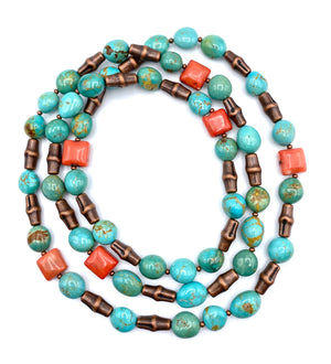 Southwestern Rope Necklace - Turquoise and Coral