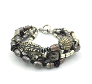 Ethnic Four Strand Bracelet - pearls and silver