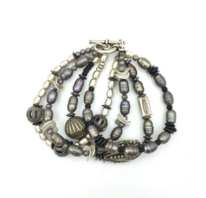 Ethnic Four Strand Bracelet - pearls and silver