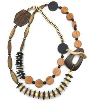 Modernist Statement Necklace - Toggle Clasp, Horn, Shell & Wood