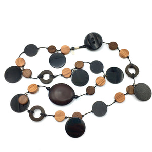 Circle Goes Round Necklace - Leather, Vintage Button, Ebony & Wood