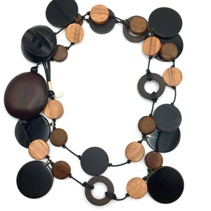 Circle Goes Round Necklace - Leather, Vintage Button, Ebony & Wood