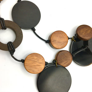 Circle Goes Round Necklace - Leather, Vintage Button, Ebony & Wood