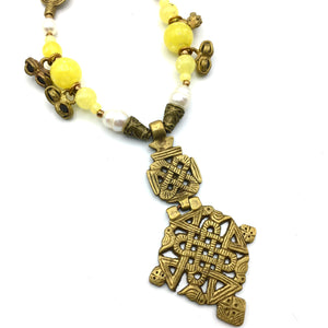 Sun Gift Necklace - African Brass, Pearl and Vintage Glass