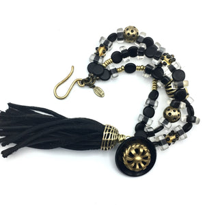 Deco Bracelet - Black and Gold Vintage Resin and Glass - Leather Tassel