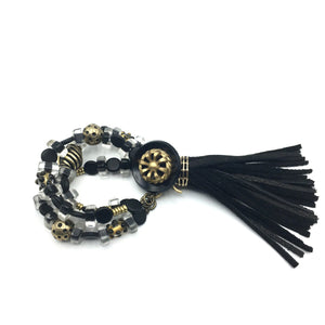 Deco Bracelet - Black and Gold Vintage Resin and Glass - Leather Tassel