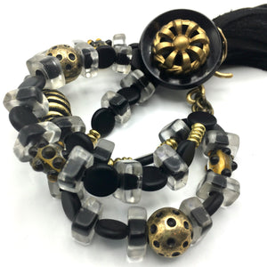 Deco Bracelet - Black and Gold Vintage Resin and Glass - Leather Tassel