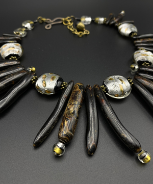 Black Coral Wave Necklace - Silver and Gold Highlights